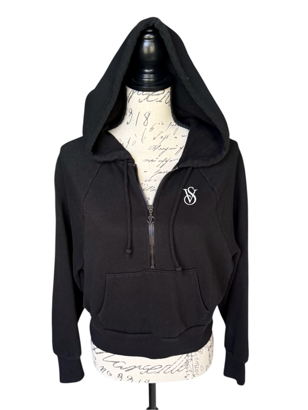 Victoria's Secret Black Cropped Half-Zip On Point Fleece Hoodie Jacket